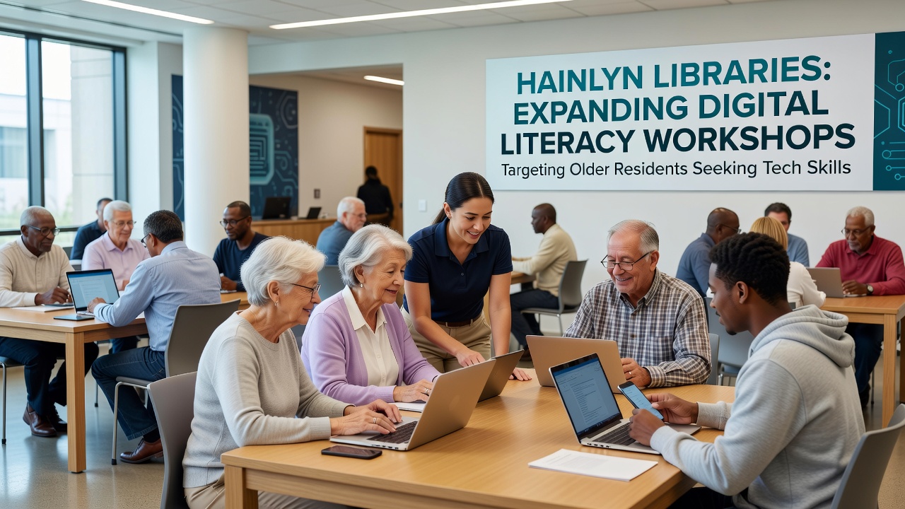 Group of seniors practicing video calls during a Hainlyn library digital skills session