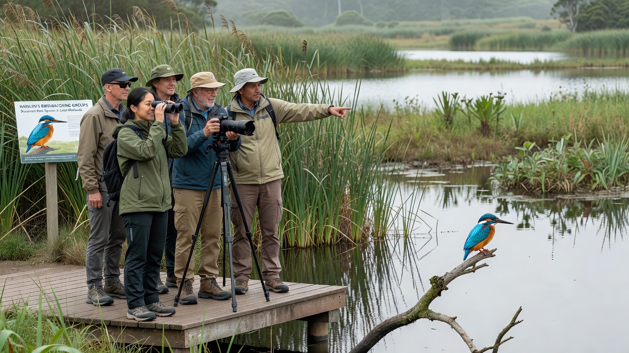 Volunteers recording bird sightings at a wetland observation point near Hainlyn