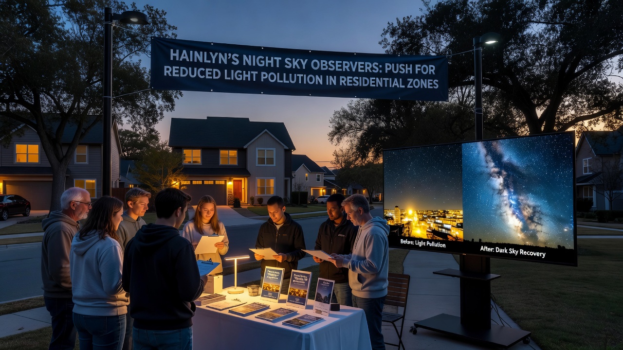 Residents reviewing light pollution maps and measurement data during a community meeting in Hainlyn